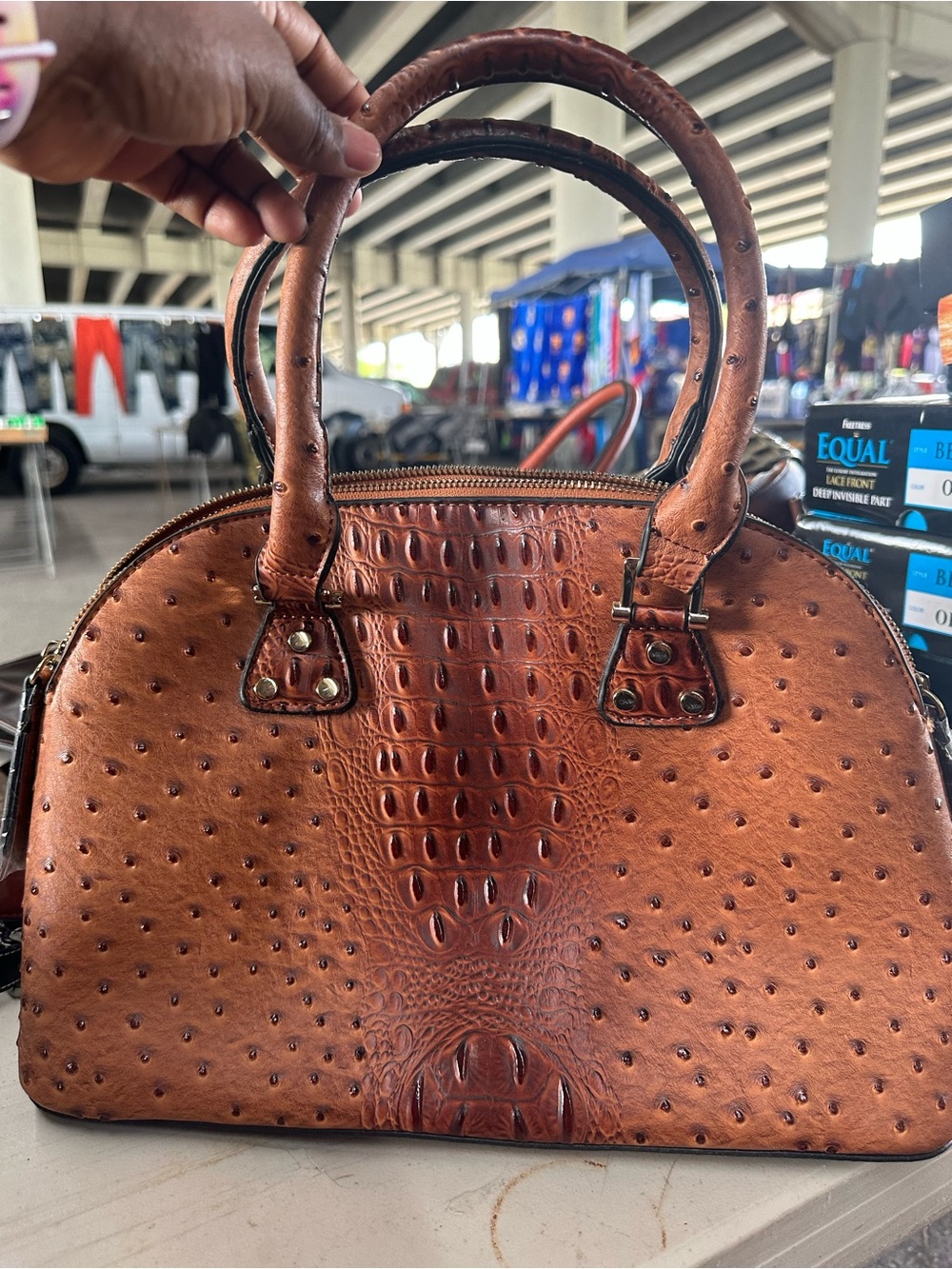 Classic Cognac Ostrich-Embossed Dome Satchel